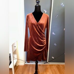 🥉 SHEIN Faux Wrap Ruched Dress XL Brown V-Neck Long Sleeve Velvet NWOT